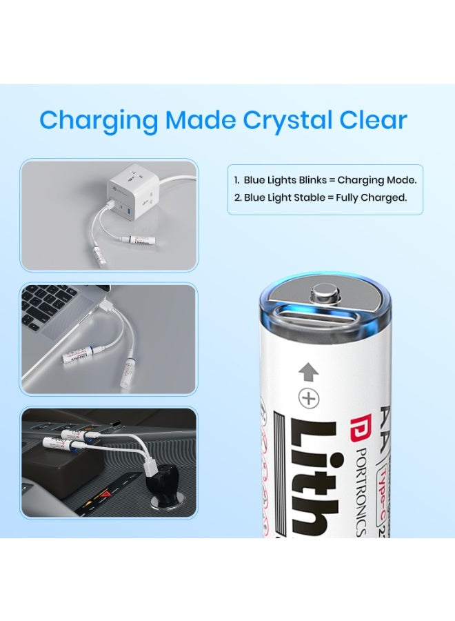 بورترونيكس Portronics AA Lithius Type C Rechargeable Batteries, Pack of 2, Lithium Ion Cell Composition, Upto 1480mAh Capacity, Low Self Discharge, No Separate Charger Required (White) - Image 4